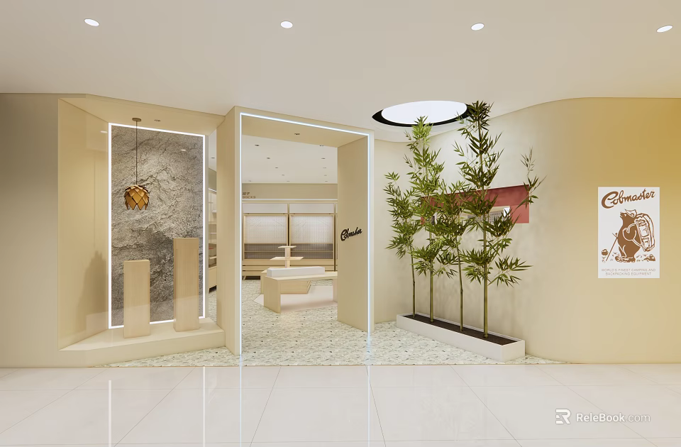 Modern Specialty Store Interior With Glass Door Green Plants And Display Area 3d model 