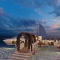 Waterfront Wedding Setup With Flower Arch Wooden Walkway And Yachts At Sunset