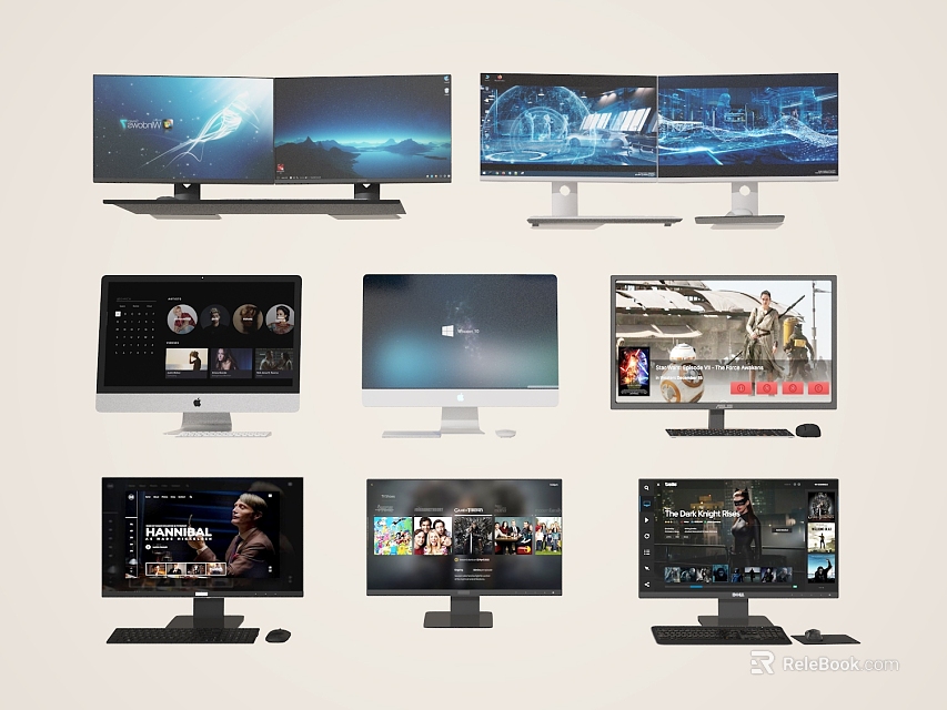 Modern Computer Monitors Displaying Various Content With Multiple Screens And Sleek Design 3d model 