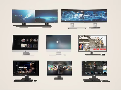 Modern Computer Monitors Displaying Various Content With Multiple Screens And Sleek Design 3d model