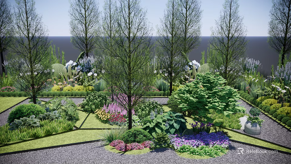 Beautiful Garden Landscape With Colorful Flowers Various Plants Trees Shrubs And Green Lawn 3d model 