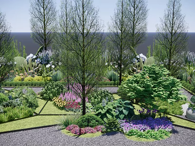 Beautiful Garden Landscape With Colorful Flowers Various Plants Trees Shrubs And Green Lawn 3d model
