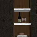 Elegant Decorative Ornament Set With Copper Cups Wine Bottle And Glasses On Marble Shelf
