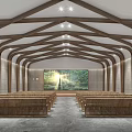 Modern Religious Worship Space With Wooden Ceiling Rows Of Benches And Natural Landscape Screen