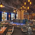 Stylish Industrial Bar Interior With Pendant Lights Bar Counter Seating Area And City View