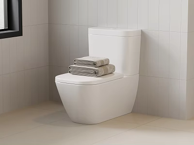 Modern White Toilet With Stacked Towels On Lid In Tiled Bathroom 3d model