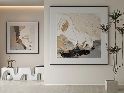 Large Abstract Painting With Neutral Tones Textured Brushstrokes Near Modern Console Table And Plant 3d model