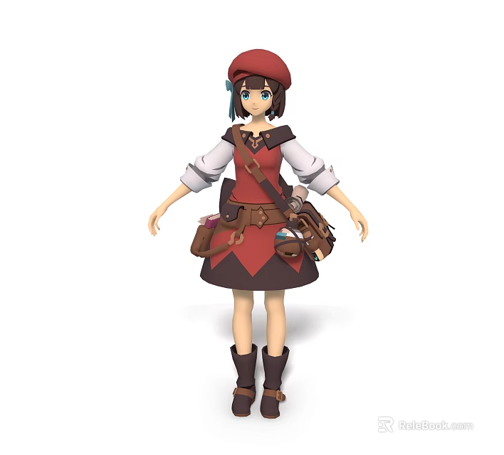 Game and Movie Character With Red Cap Brown Hair Red Black Dress And Tool Belt 3d model 