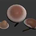 Three Mushroom Plants With Pink Caps White Edges And Brown Stems On Dark Background