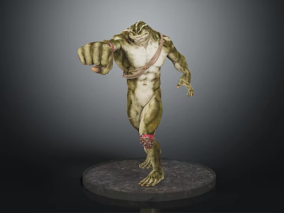 Mythical Green Skinned Creature With Muscular Build Red Leg Straps Standing On Round Stone Base 3d model