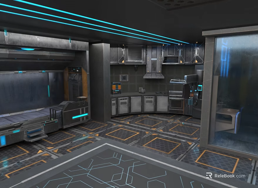 Futuristic Kitchen Interior With Metallic Materials Blue Lighting Built In Appliances And Geometric Flooring 3d model 