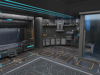 Futuristic Kitchen Interior With Metallic Materials Blue Lighting Built In Appliances And Geometric Flooring 3d model