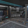 Futuristic Kitchen Interior With Metallic Materials Blue Lighting Built In Appliances And Geometric Flooring