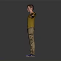 Character With Arms Outstretched Wearing Yellow Jacket Brown Pants And Blue Sneakers On Gray Background