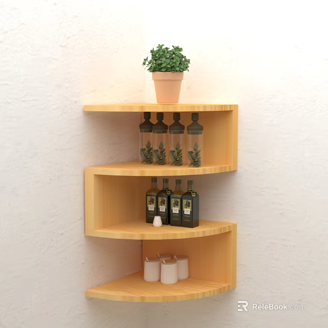 Wooden Multi Tiered Shelf With Potted Plant Glass Jars Olive Oil Bottles And White Canisters 3d model 