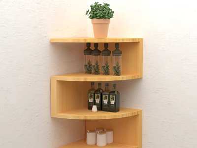 Wooden Multi Tiered Shelf With Potted Plant Glass Jars Olive Oil Bottles And White Canisters 3d model