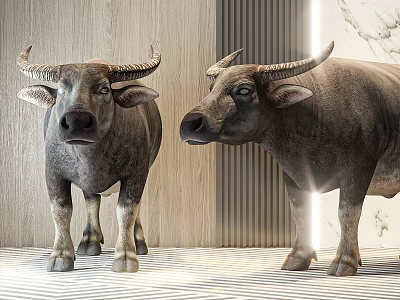Two Realistic Buffalo Statues In Modern Interior With Wooden And Marble Walls And Striped Floor 3d model