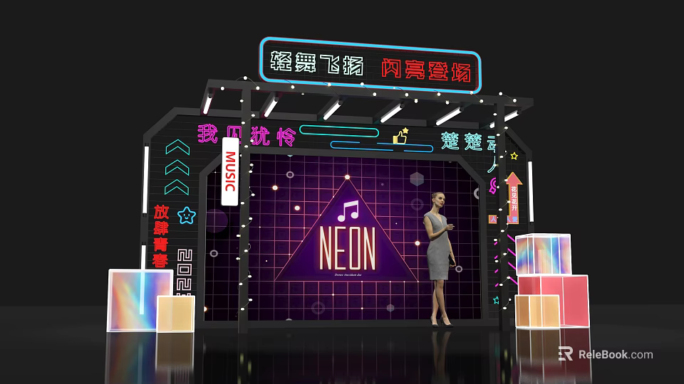 Neon Themed Display Stage With Music Elements And Female Model In Lights 3d model 