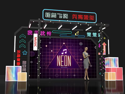 Neon Themed Display Stage With Music Elements And Female Model In Lights 3d model