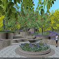 Stunning Garden Landscape With Central Stone Fountain Terraced Steps And Vibrant Yellow Flowers