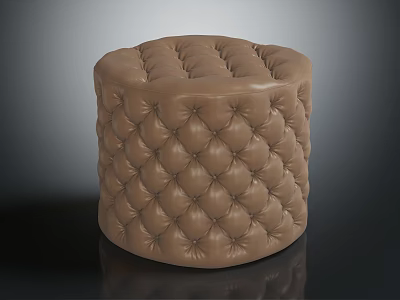 Round Brown Leather Tufted Ottoman with Diamond Stitch Pattern for Living Room 3d model