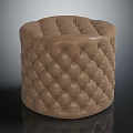 Round Brown Leather Tufted Ottoman with Diamond Stitch Pattern for Living Room