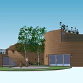 Unique Detached Villa With Circular Design Wooden Exterior Green Lawn Trees And Pool Terrace