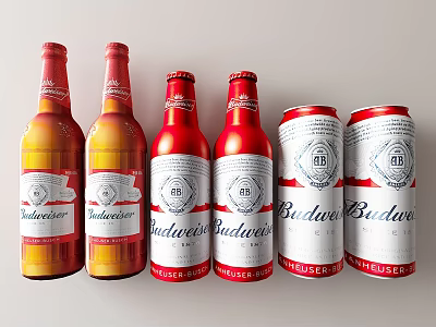 Budweiser Classic Beer Bottles And Cans Arranged In Row On White Surface 3d model