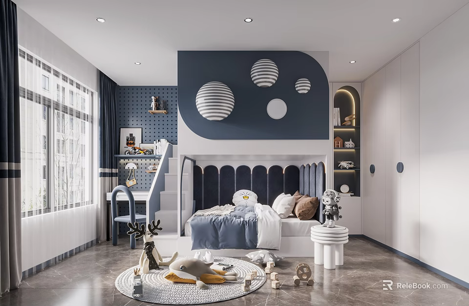 Modern Kids Room With Dark Blue Wall Circular Lights Staircase Bed Study Desk Rug Toys 3d model 