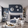 Modern Kids Room With Dark Blue Wall Circular Lights Staircase Bed Study Desk Rug Toys