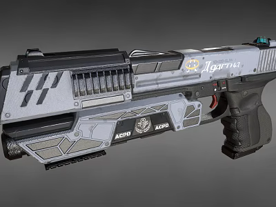 Futuristic Gray Black Pistol Featuring ACIDO M939 Argus Logo And Geometric Patterns Design 3d model