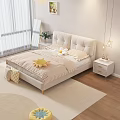 Modern Double Bed Interior With Beige Tufted Headboard Striped Bedspread And Wooden Nightstand Hanging Lamps