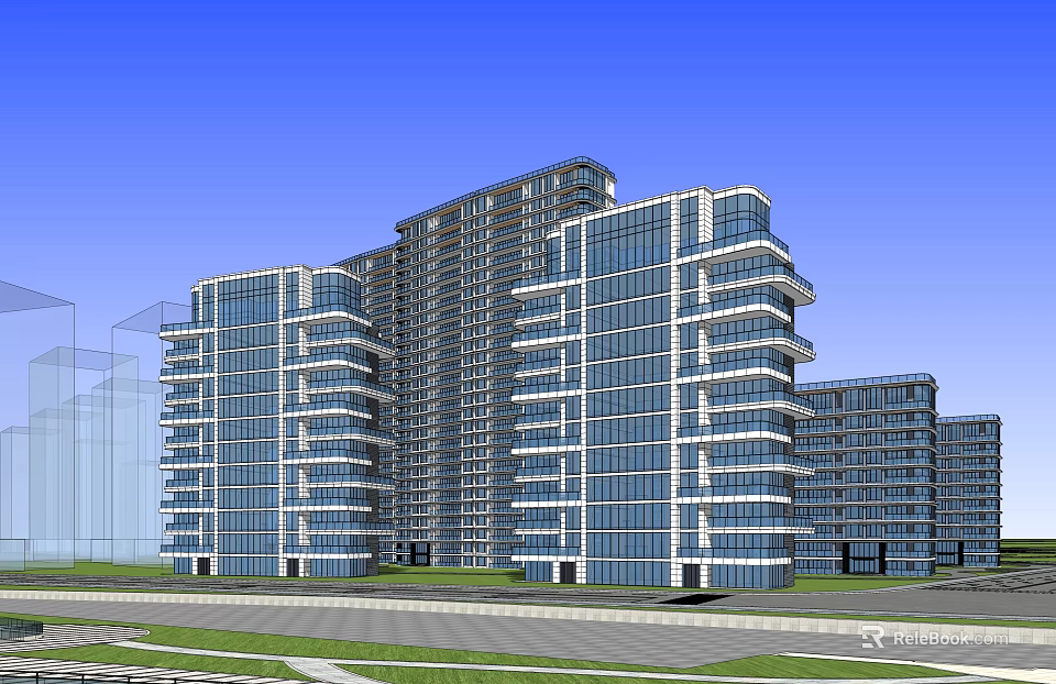 Modern High Rise Buildings With Glass Curtain Walls Balconies And Urban Green Space 3d model 