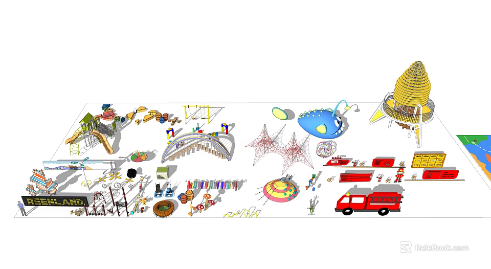 Diverse Playground Equipment Including Slides Climbing Nets Rocket Shaped Rides And Fire Truck Toys 3d model 
