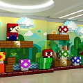 Vibrant Pixel Style Background Wall With Cartoon Clouds Trees Platforms Game Characters For Kids Space