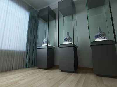 Glass Display Cases With Blue And White Porcelain Vases With Curtains And Wooden Floor 3d model