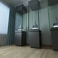 Glass Display Cases With Blue And White Porcelain Vases With Curtains And Wooden Floor