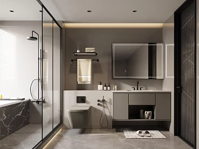 Modern Bathroom Interior With Glass Shower Enclosure Bathtub Wall Mounted Mirror And Marble Vanity 3d model