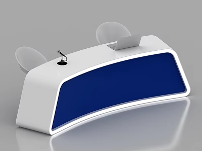 White Curved Reception Desk With Blue Panel Gray Elements Microphone And Tablet 3d model