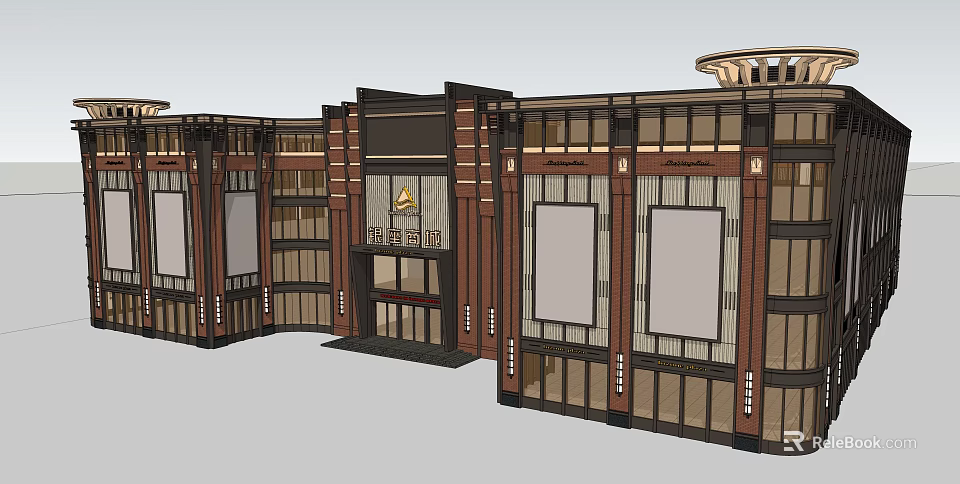 Traditional Modern Commercial Complex Facade with Glass Windows Multi Story Design and Wooden Stone Elements 3d model 