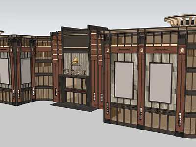 Traditional Modern Commercial Complex Facade with Glass Windows Multi Story Design and Wooden Stone Elements 3d model