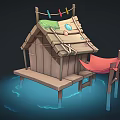 Scenic Wooden Cabin Built on Water with Wooden Pillars Colorful Flags Red Door and Hammock