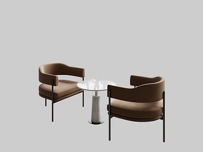 Brown Upholstered Leisure Chairs With Black Metal Legs And Round Glass Top Table 3d model