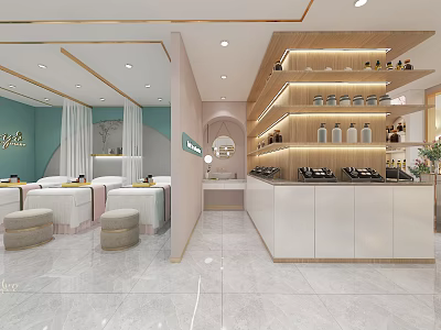 Modern Beauty Hair Salon Interior With Light Blue Walls Counter And Product Shelves 3d model