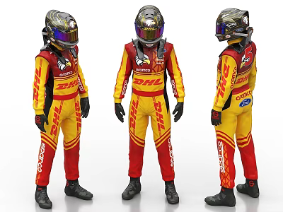 Professional Race Car Driver in Yellow Red DHL Livery Suit and Helmet 3d model