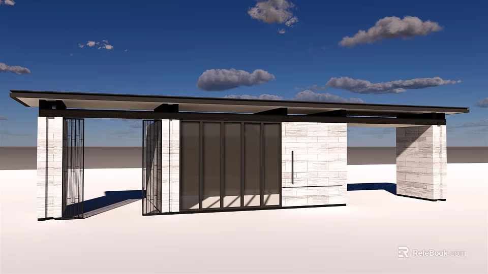 Modern Entrance Gate Design With Metal Frame Glass Doors And Stone Walls 3d model 