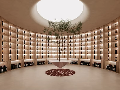 Circular Wine Cellar With Curved Racks Full Of Bottles Skylight And Central Tree 3d model