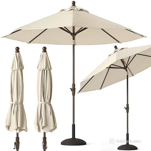 Beige Patio Umbrella Set With One Open And Two Closed Designs And Metal Pole For Outdoor Use 3d model 