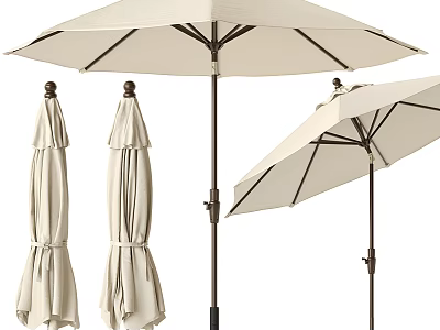 Beige Patio Umbrella Set With One Open And Two Closed Designs And Metal Pole For Outdoor Use 3d model