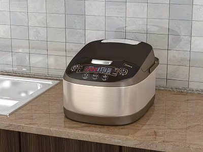 Modern Kitchen Rice Cooker Appliance With Digital Display On Brown Countertop And Tile Backsplash 3d model